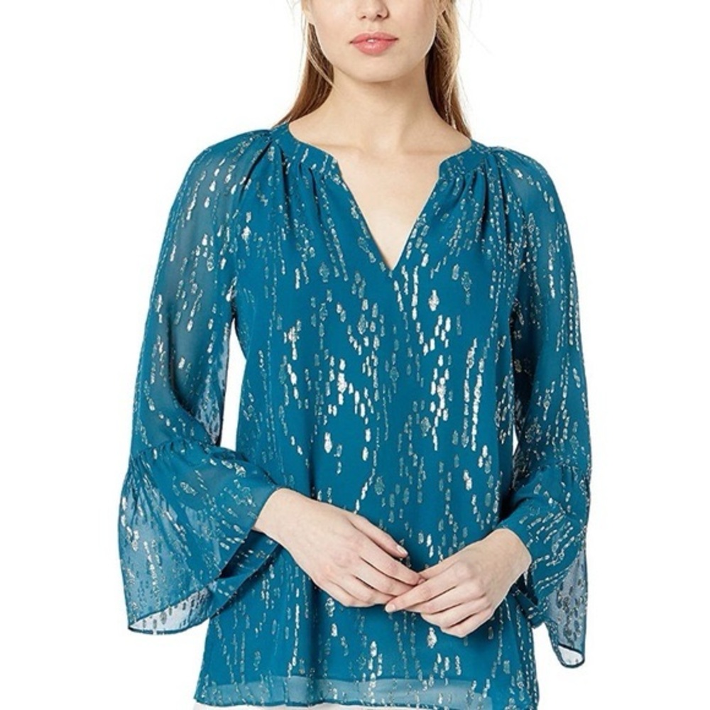 Elegant Teal Blouse with Silver Accents